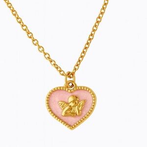 Pink Enamel Heart Necklace Gold Angel Charm ✨